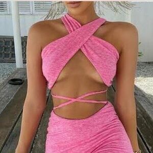 TIGER MIST Cancun Tie Crossover Top in Heathered Pink Jersey US Small